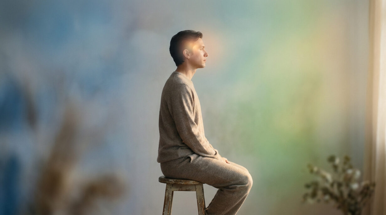 Homme assis de profil, le regard lointain, une douce lumière émane de sa tête, symbolisant le retraitement mental.