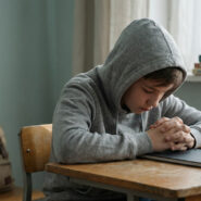 Photo d'un enfant en sweat-shirt gris à capuche, assis à un pupitre d'école, la tête baissée et les mains jointes, manifestant une apparente tristesse ou anxiété.