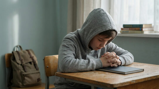 Photo d'un enfant en sweat-shirt gris à capuche, assis à un pupitre d'école, la tête baissée et les mains jointes, manifestant une apparente tristesse ou anxiété.