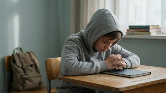 Photo d'un enfant en sweat-shirt gris à capuche, assis à un pupitre d'école, la tête baissée et les mains jointes, manifestant une apparente tristesse ou anxiété.