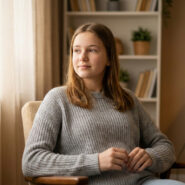Adolescente pensive en pull gris assise devant une fenêtre lumineuse, les mains jointes, semblant réfléchir à son avenir.
