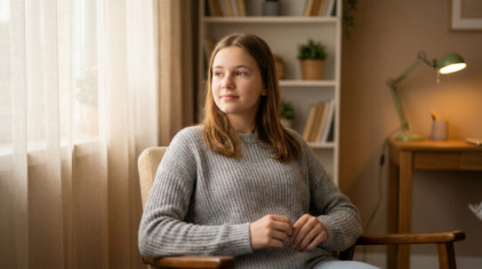 Adolescente pensive en pull gris assise devant une fenêtre lumineuse, les mains jointes, semblant réfléchir à son avenir.