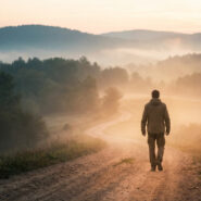 Vue de dos d'un homme sur un chemin de terre sinueux, traversant un paysage de collines brumeuses baigné par la lumière de l'aube.