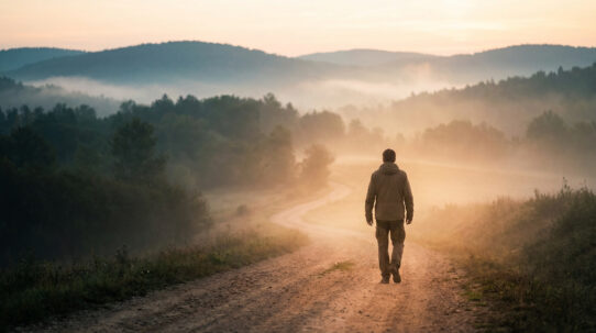 Vue de dos d'un homme sur un chemin de terre sinueux, traversant un paysage de collines brumeuses baigné par la lumière de l'aube.