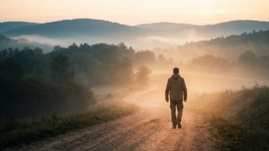 Vue de dos d'un homme sur un chemin de terre sinueux, traversant un paysage de collines brumeuses baigné par la lumière de l'aube.