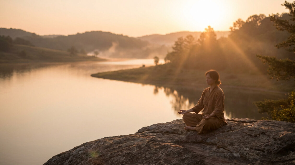 Femme méditant en position du lotus sur un rocher au bord d'un lac, au lever du soleil avec rayons lumineux.