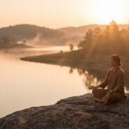 Femme méditant en position du lotus sur un rocher au bord d'un lac, au lever du soleil avec rayons lumineux.
