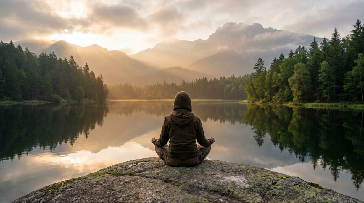 Personne méditant sur un rocher face à un lac de montagne. Forêts et pics brumeux baignés de lumière dorée se reflètent dans l'eau.