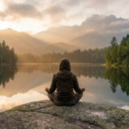 Personne méditant sur un rocher face à un lac de montagne. Forêts et pics brumeux baignés de lumière dorée se reflètent dans l'eau.