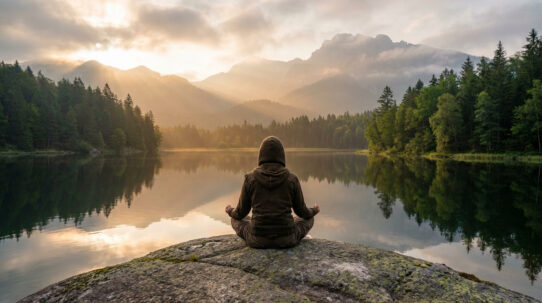 Personne méditant sur un rocher face à un lac de montagne. Forêts et pics brumeux baignés de lumière dorée se reflètent dans l'eau.