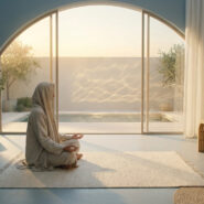 Personne méditant dans une salle lumineuse face à une fenêtre arquée donnant sur une piscine, entourée d'oliviers, symbolisant la sérénité et l'équilibre.