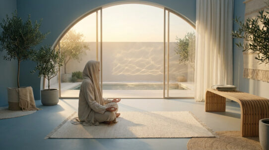 Personne méditant dans une salle lumineuse face à une fenêtre arquée donnant sur une piscine, entourée d'oliviers, symbolisant la sérénité et l'équilibre.