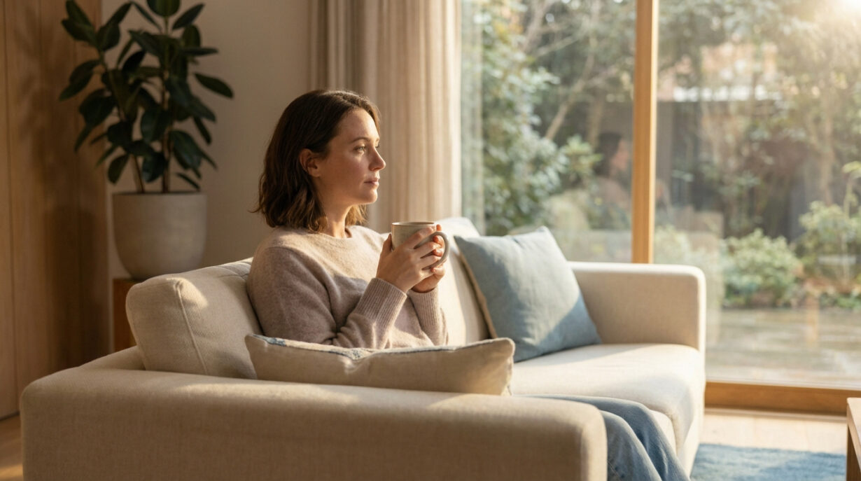 Femme assise sur un canapé, tenant une tasse, regardant pensivement par une grande fenêtre. Lumière naturelle. Intérieur confortable.