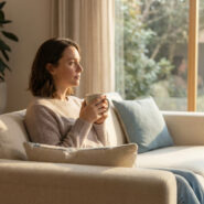 Femme assise sur un canapé, tenant une tasse, regardant pensivement par une grande fenêtre. Lumière naturelle. Intérieur confortable.