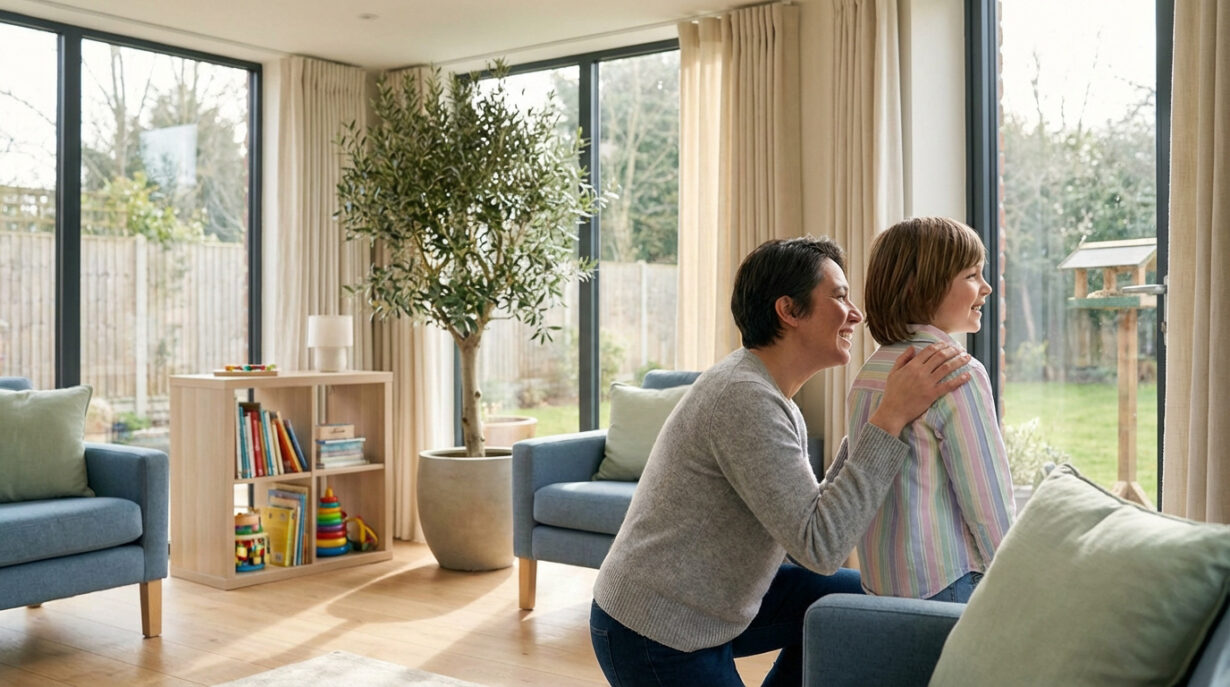 Une femme et un enfant souriants regardent par la fenêtre d'un salon lumineux. La femme a la main sur l'épaule de l'enfant.