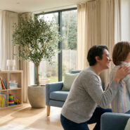 Une femme et un enfant souriants regardent par la fenêtre d'un salon lumineux. La femme a la main sur l'épaule de l'enfant.