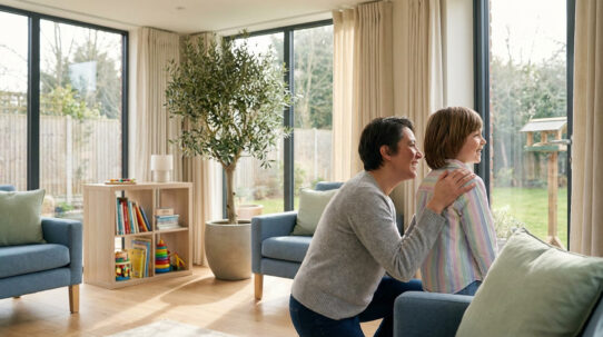 Une femme et un enfant souriants regardent par la fenêtre d'un salon lumineux. La femme a la main sur l'épaule de l'enfant.