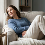 Une femme sereine est assise pieds nus dans un fauteuil près d'une fenêtre, profitant d'un moment de repos et de contemplation.