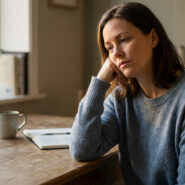Femme d'âge moyen pensive, vêtue d'un pull bleu, assise à une table en bois près d'une fenêtre ensoleillée, un carnet et une tasse.