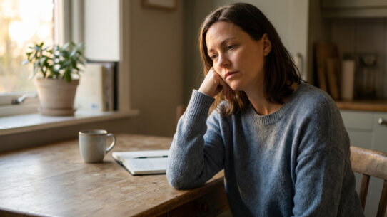 Femme d'âge moyen pensive, vêtue d'un pull bleu, assise à une table en bois près d'une fenêtre ensoleillée, un carnet et une tasse.