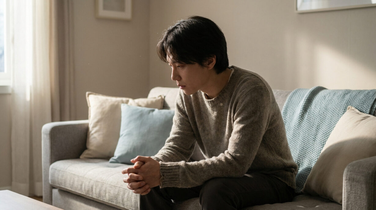 Jeune homme asiatique pensif et abattu, mains jointes, assis sur un canapé clair, symbolisant l'épuisement parental.