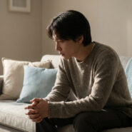 Jeune homme asiatique pensif et abattu, mains jointes, assis sur un canapé clair, symbolisant l'épuisement parental.