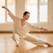 Femme en tenue claire exécutant une posture de danse méditative dans un studio lumineux avec parquet. Évoque la sérénité et la concentration.