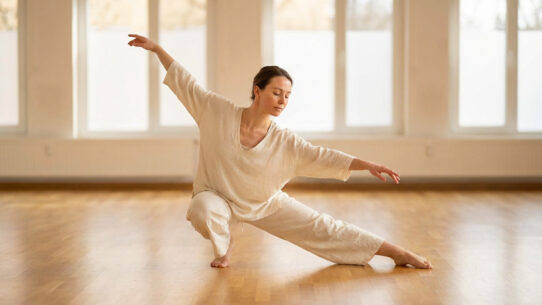 Femme en tenue claire exécutant une posture de danse méditative dans un studio lumineux avec parquet. Évoque la sérénité et la concentration.
