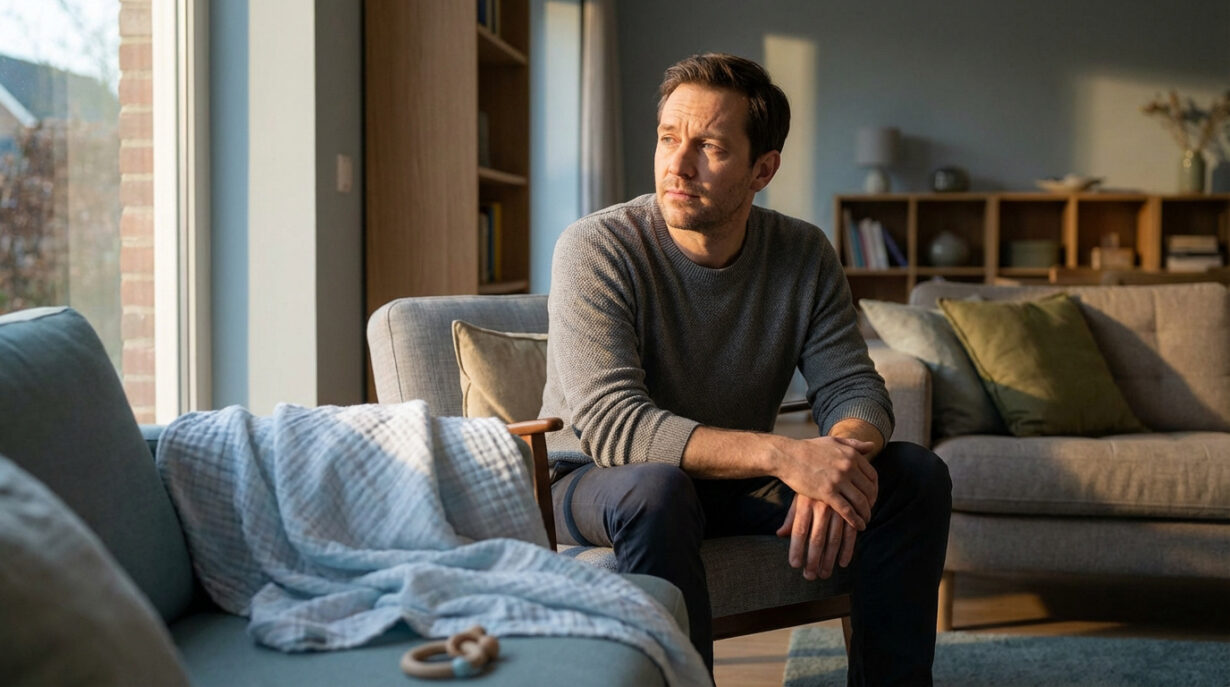 Homme pensif assis dans un salon, regardant par la fenêtre. Un plaid de bébé et un jouet sont sur le canapé à côté de lui.