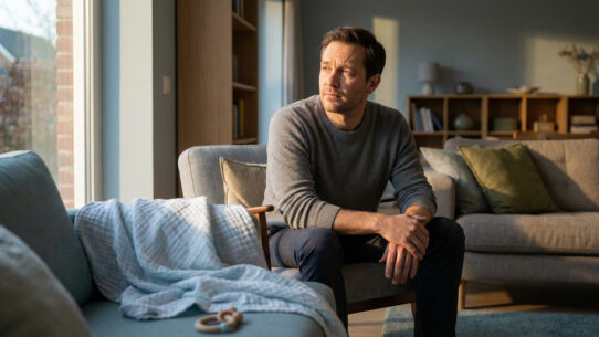 Homme pensif assis dans un salon, regardant par la fenêtre. Un plaid de bébé et un jouet sont sur le canapé à côté de lui.