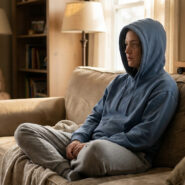 Personne encapuchonnée assise sur un canapé, l'air absent et épuisé, dans un intérieur avec dessin d'enfant.