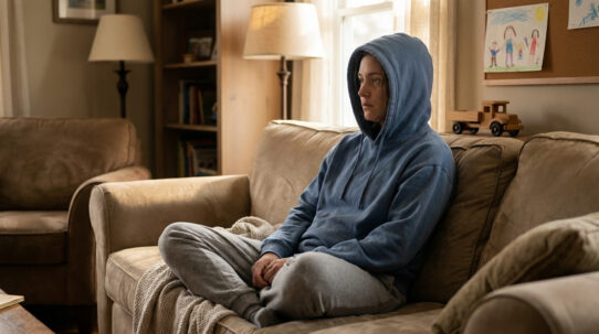 Personne encapuchonnée assise sur un canapé, l'air absent et épuisé, dans un intérieur avec dessin d'enfant.