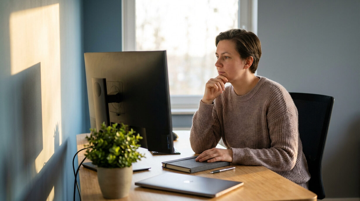 Une femme pensive devant son écran d'ordinateur, assise à son bureau. Le soleil inonde la pièce, créant des ombres douces.