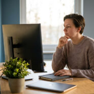 Une femme pensive devant son écran d'ordinateur, assise à son bureau. Le soleil inonde la pièce, créant des ombres douces.
