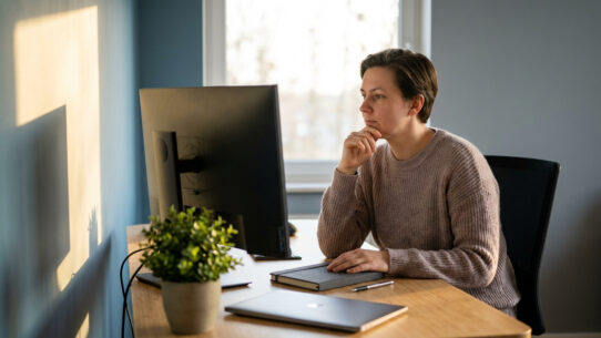 Une femme pensive devant son écran d'ordinateur, assise à son bureau. Le soleil inonde la pièce, créant des ombres douces.