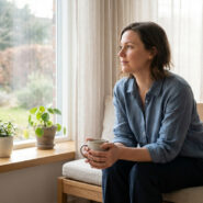 Femme aux cheveux courts, chemise bleue, assise près d'une fenêtre, tenant une tasse. Elle regarde un jardin verdoyant.