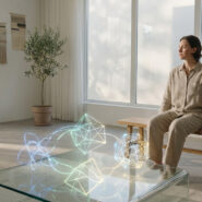 Personne méditative assise, observant des formes géométriques lumineuses sur une table basse, symbolisant les processus de pensée en TCC.