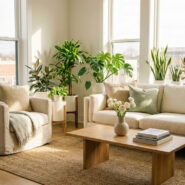 Salon moderne et lumineux avec canapé, fauteuil beige, table basse en bois, et de multiples plantes vertes près des grandes fenêtres, créant une ambiance apaisante.