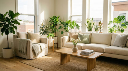 Salon moderne et lumineux avec canapé, fauteuil beige, table basse en bois, et de multiples plantes vertes près des grandes fenêtres, créant une ambiance apaisante.
