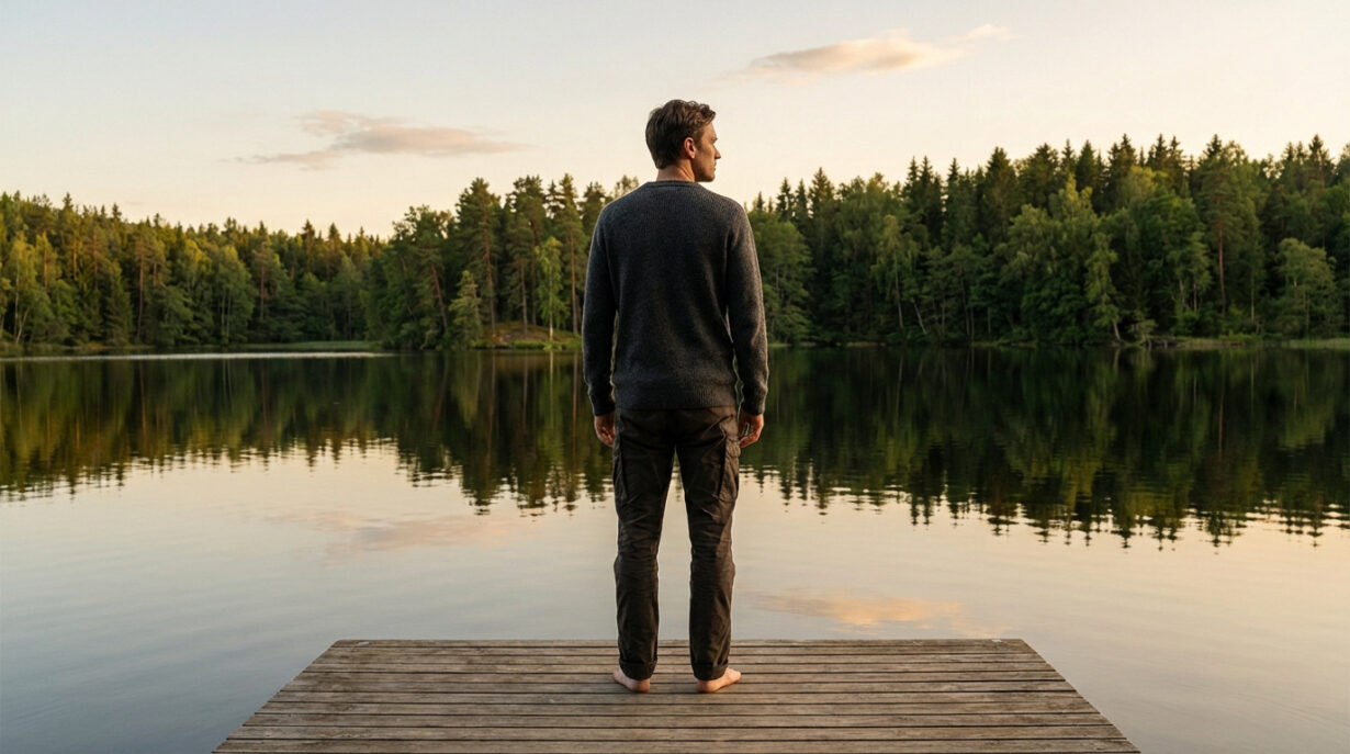 Vue de dos d'un homme pieds nus sur un ponton en bois, regardant un lac calme reflétant une forêt verdoyante sous un ciel clair.