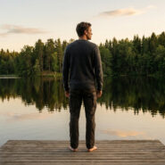 Vue de dos d'un homme pieds nus sur un ponton en bois, regardant un lac calme reflétant une forêt verdoyante sous un ciel clair.