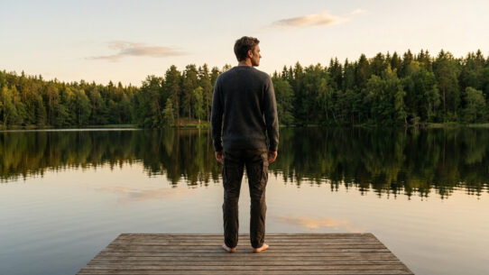 Vue de dos d'un homme pieds nus sur un ponton en bois, regardant un lac calme reflétant une forêt verdoyante sous un ciel clair.