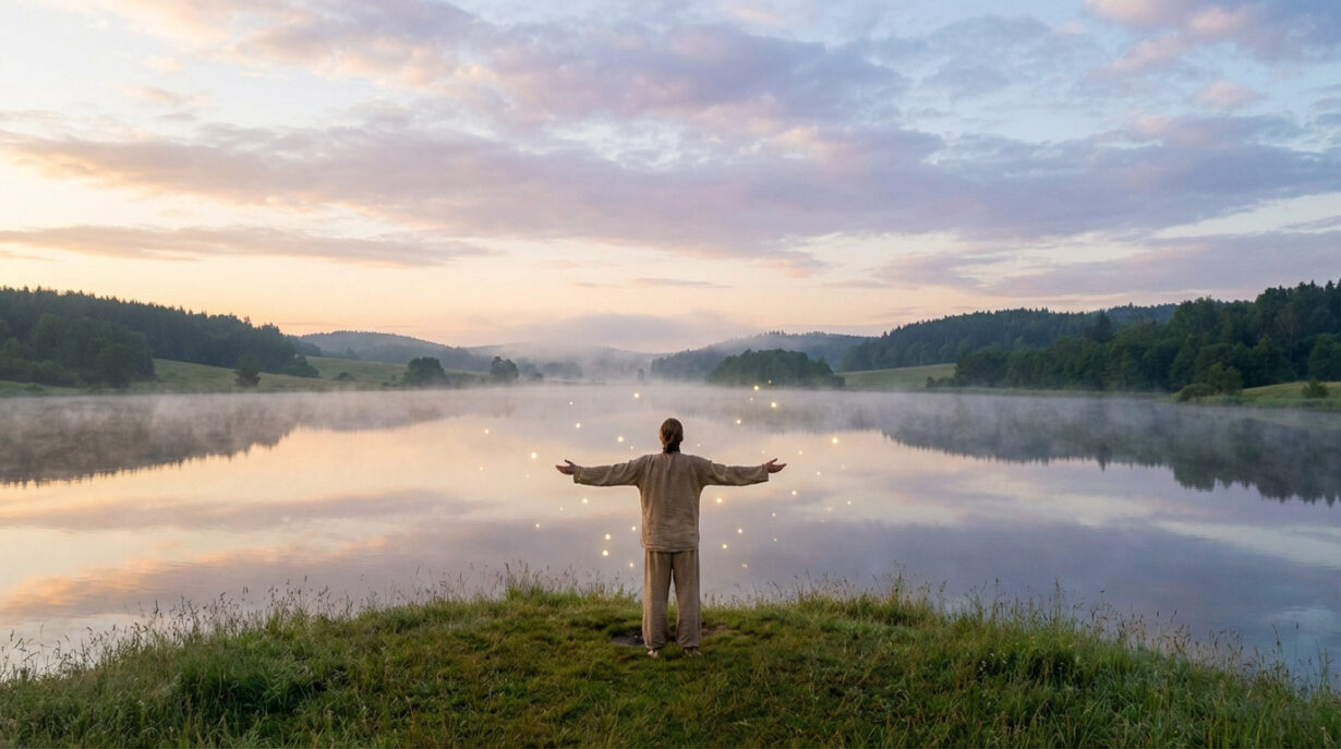 Personne les bras ouverts face à un lac brumeux au lever du soleil, des orbes lumineux flottent sur l'eau.