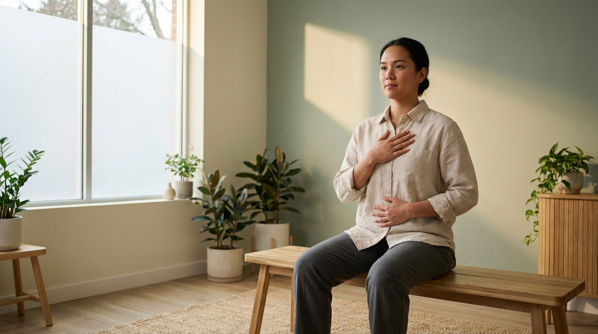 Femme asiatique assise les mains sur la poitrine et le ventre, pratiquant la pleine conscience dans un intérieur lumineux.
