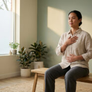Femme asiatique assise les mains sur la poitrine et le ventre, pratiquant la pleine conscience dans un intérieur lumineux.