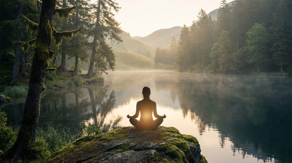 Silhouette méditant en position du lotus, dos à un lac brumeux au lever du soleil, entourée de forêts et montagnes verdoyantes.