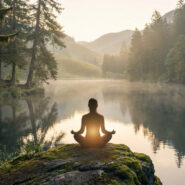 Silhouette méditant en position du lotus, dos à un lac brumeux au lever du soleil, entourée de forêts et montagnes verdoyantes.