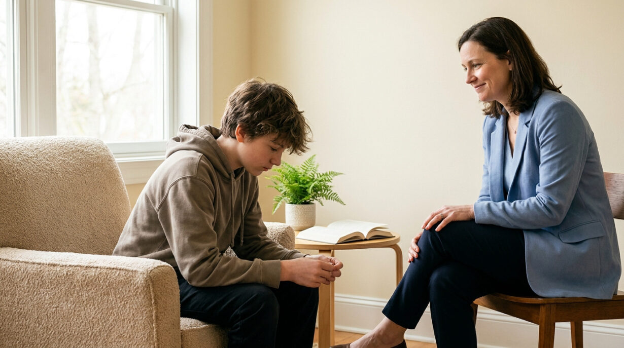 Une psychologue attentive face à un adolescent pensif, assis en thérapie. Scène évoquant le traitement de la phobie scolaire.