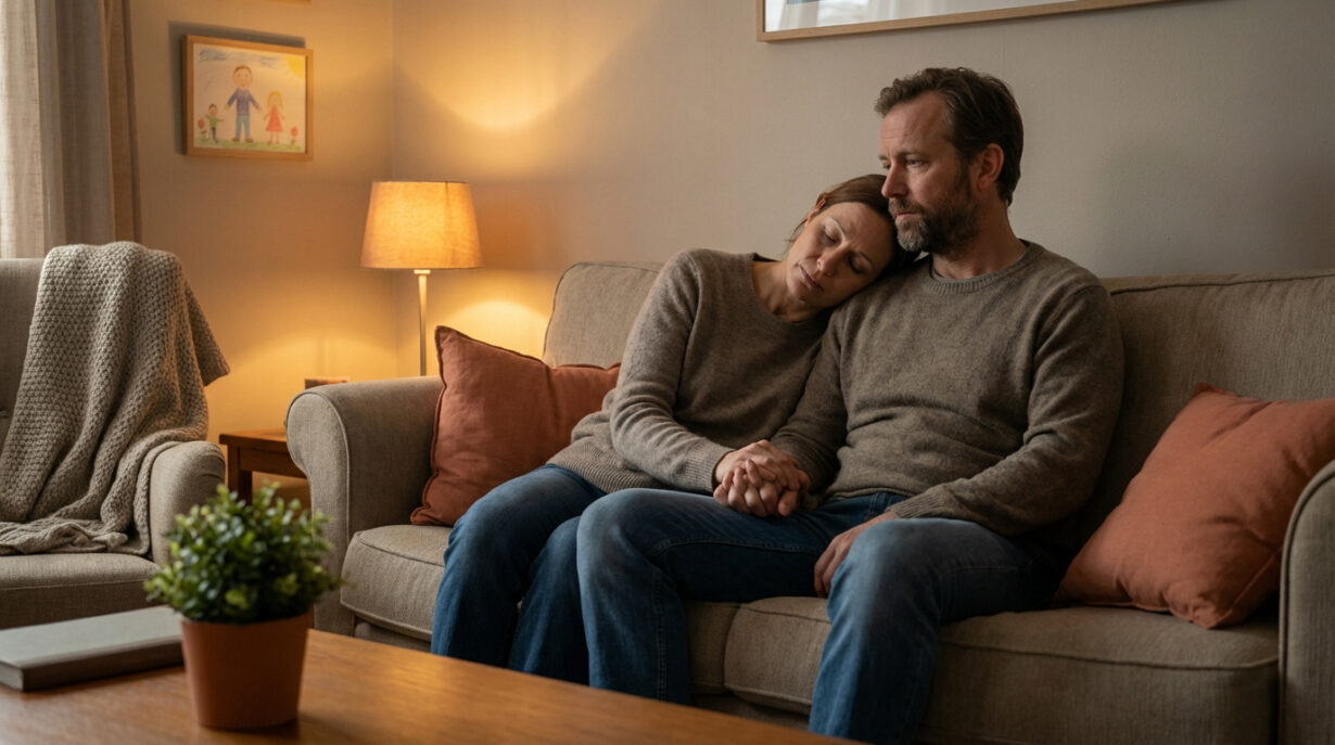 Un couple épuisé est assis sur un canapé, la femme reposant sa tête sur l'épaule de l'homme, les mains jointes, dans un salon.