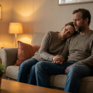 Un couple épuisé est assis sur un canapé, la femme reposant sa tête sur l'épaule de l'homme, les mains jointes, dans un salon.